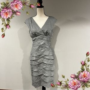 Silver metallic tiered midi v-neck dress